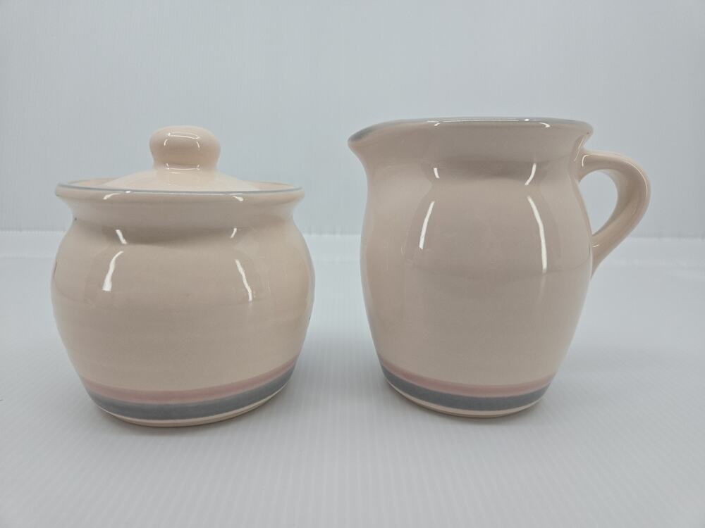 Pfaltzgraff Aura Pink Creamer & Covered Sugar Bowl Set Striped Stoneware USA